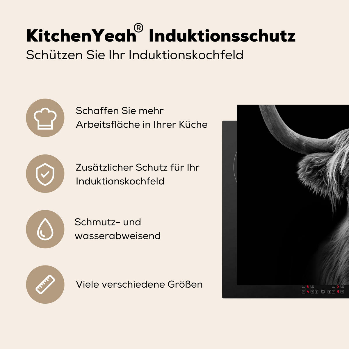 HERDABDECKPLATTE Schottischer Highlander - Hörner - Schwarz - Weiß - Kuh - Wild - Tiere Ceranfeldabdeckung 85x52 cm - Schwarz, Kunststoff (85/52/0.2cm) - MuchoWow