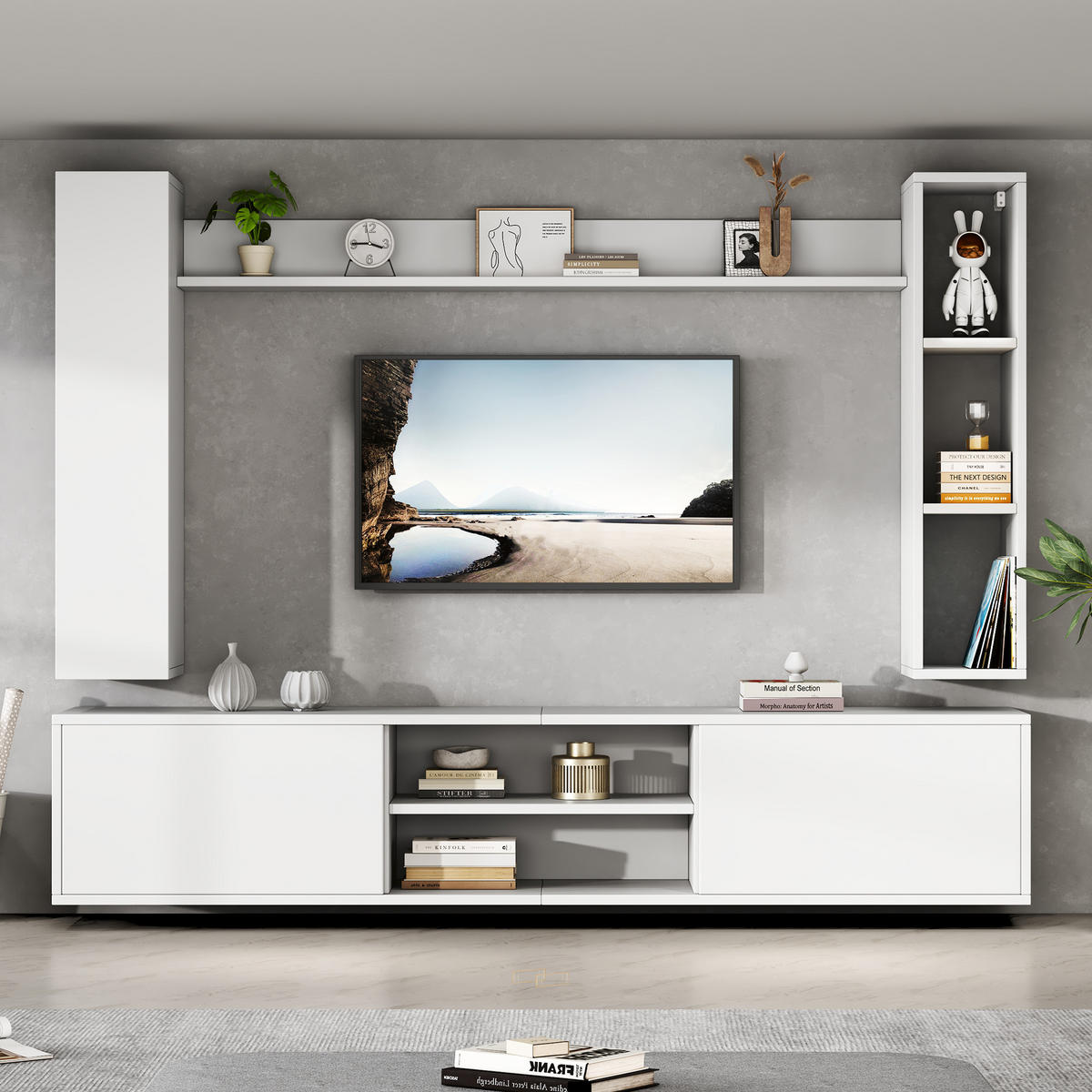 ANBAUWAND in Weiß TV Wohnwand-set inkl. TV-Board, Standregal und 2 Wandregal für Wohnzimmer, B180/T35/H33.5cm - Weiß, Holzwerkstoff/Metall (180/90/35cm) - STILVORA