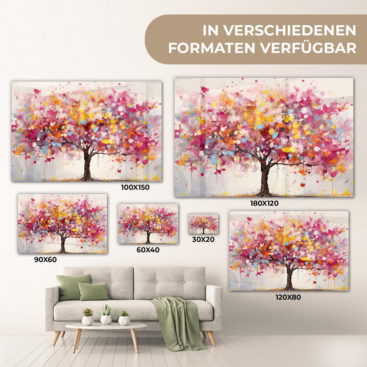 ACRYLGLASBILD Aquarell - Baum - Kunst - Abstrakt 90x60 cm - Multicolor, Glas (90/60cm) - MuchoWow