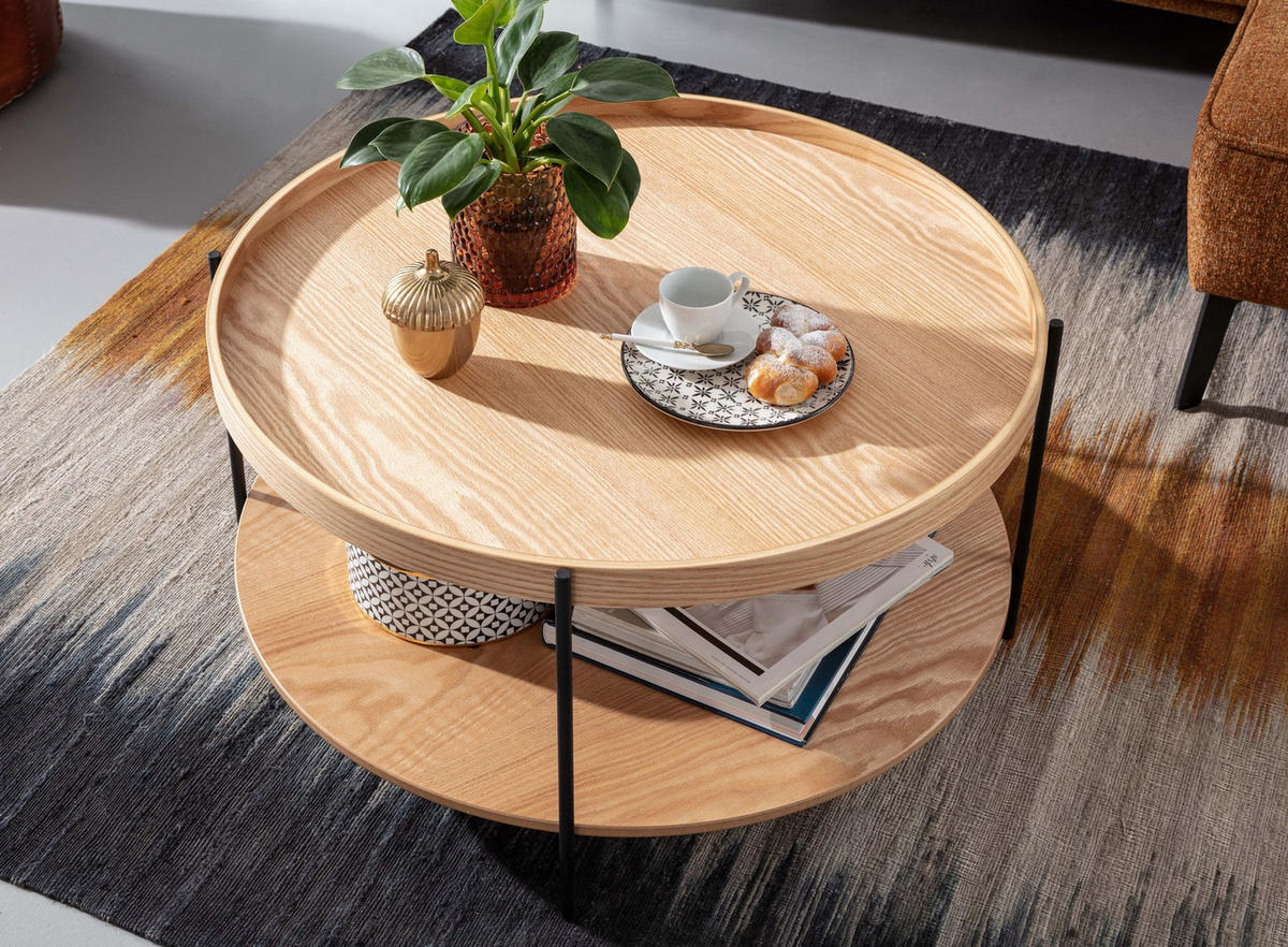 COUCHTISCH Eichefurnier mit Metallgestell und Stauraum, erhöhter Rand - Schwarz/Braun, Holz/Metall (78/78/40cm) - KADIMA DESIGN