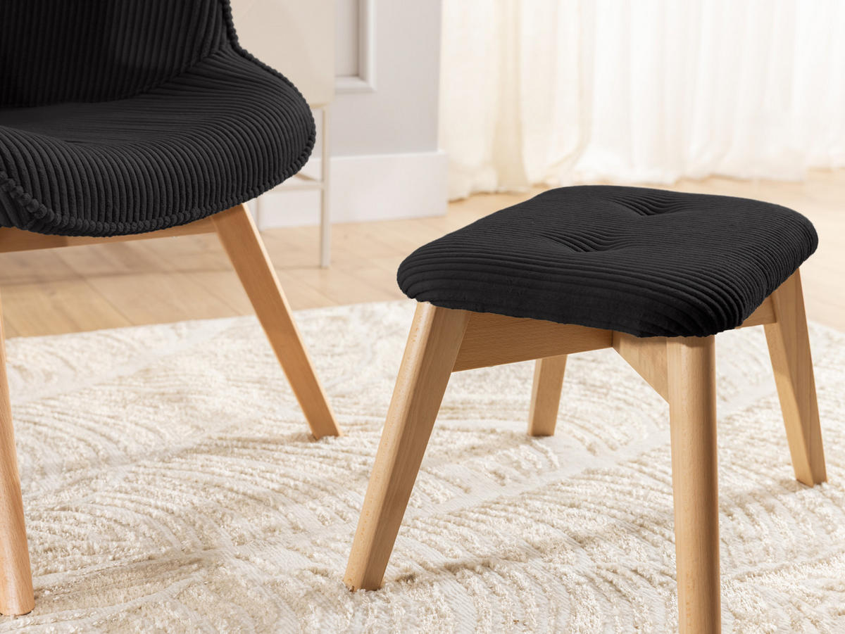 LOUNGESESSEL mit Fußhocker Lenari Schwarz Cordstoff mit Füßen in Natur - Schwarz/Naturfarben, Holz/Textil (71/96/86cm) - S-Style Möbel