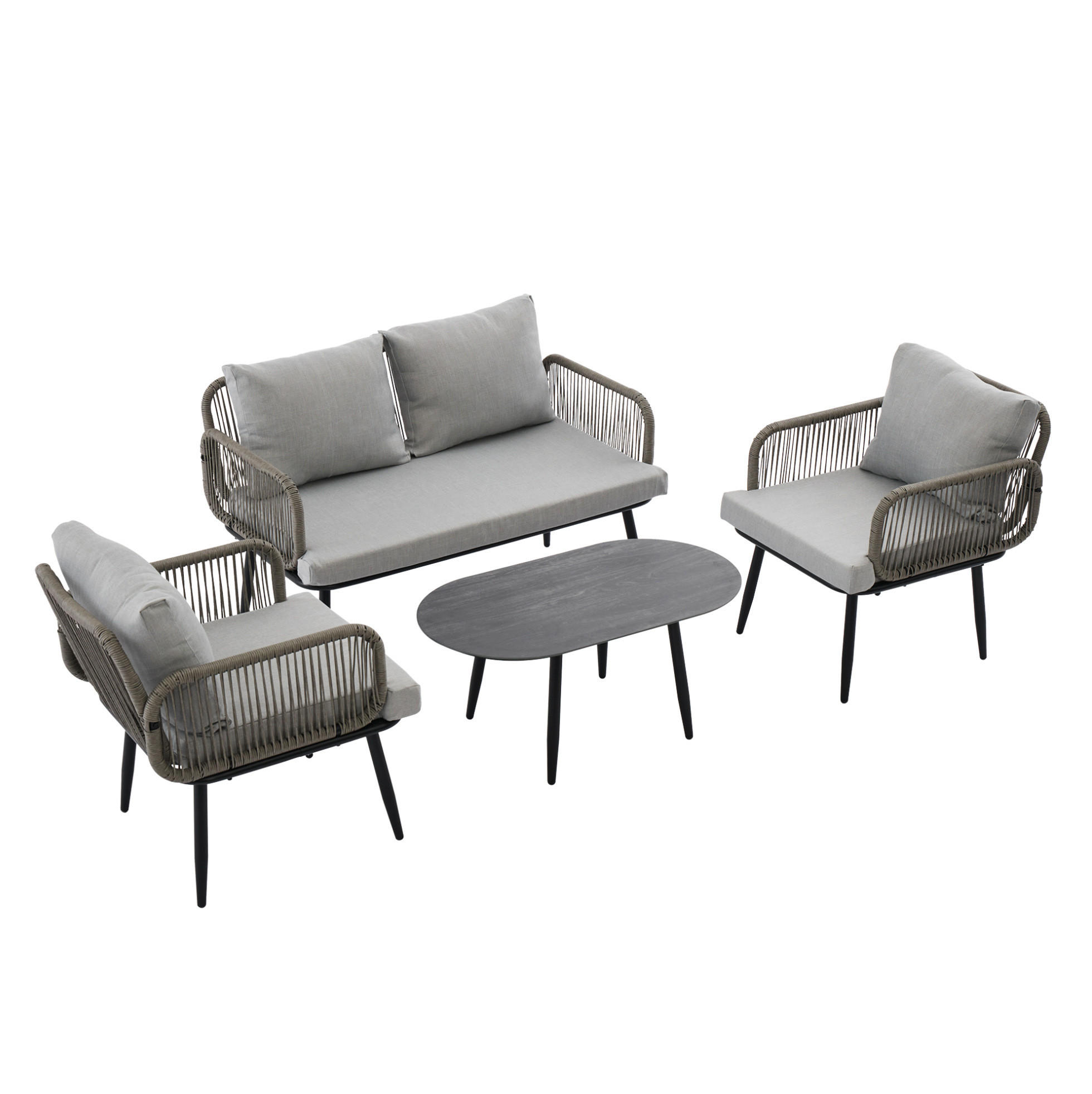 GARTENMÖBEL-SET 4-teilig mit 2-Sitzer-Sofa, 2 Sesseln, Couchtisch und Kissen, verzinkter Stahl, Grau - Grau, Textil - Redom