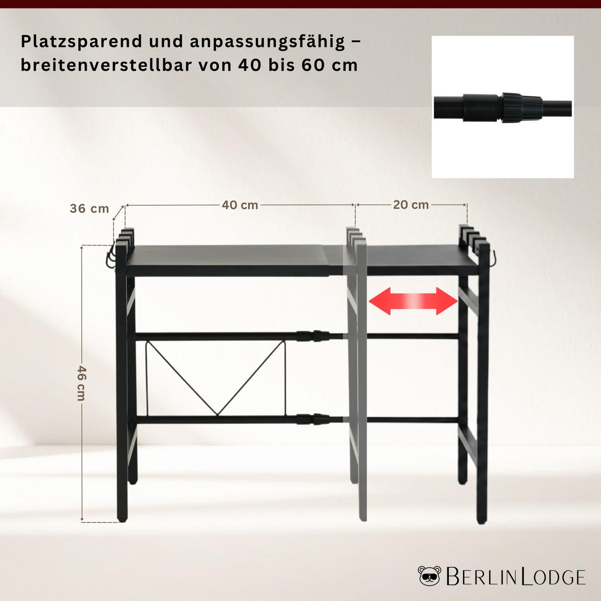 VERSTELLBARES Mikrowellenregal NEXO mit Ablagefläche 2-Stufig HxBxT 46x40-60x36 cm Ausziehbar zwischen 40-60cm Metall Schwarz - Schwarz, Metall (60/46/36cm) - BERLINLODGE