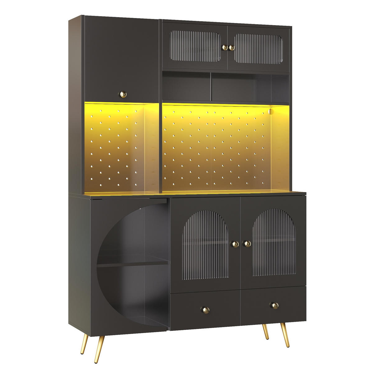 VYSOKÁ kuchyňská skříňka 120/40/176 cm s LED osvětlením, zásuvkou, 2 USB porty a skleněnými policemi, Černá - černá, kompozitní dřevo (120/176/40cm) - Redom