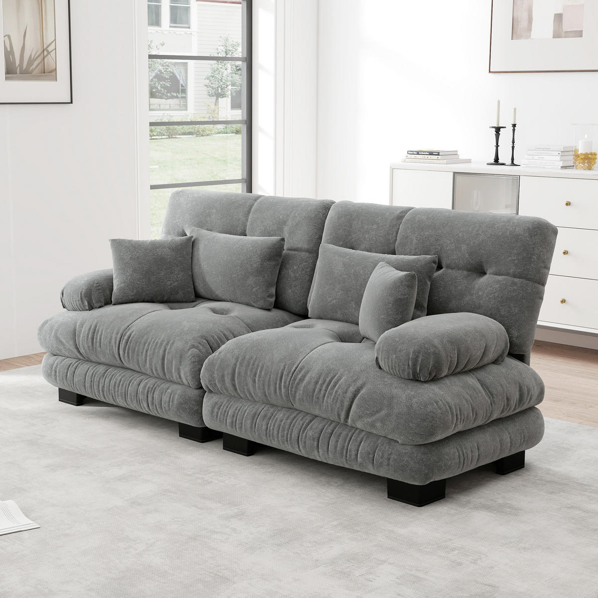 ECKSOFA modular mit Zierkissen und Lendenkissen, Chenille Grau - Grau, Textil (220/77cm) - Redom