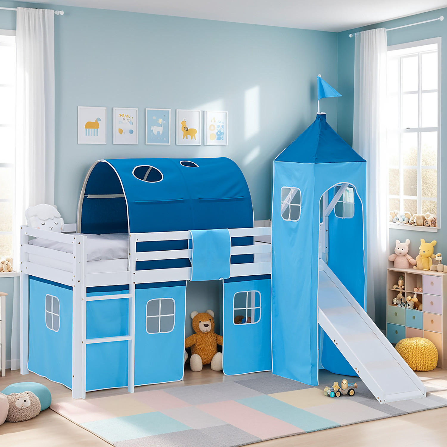 HOCHBETT 90/200 cm in weiß Rutsche Blau - Blau/Weiß, Holz/Textil (90/200cm) - Homestyle4u