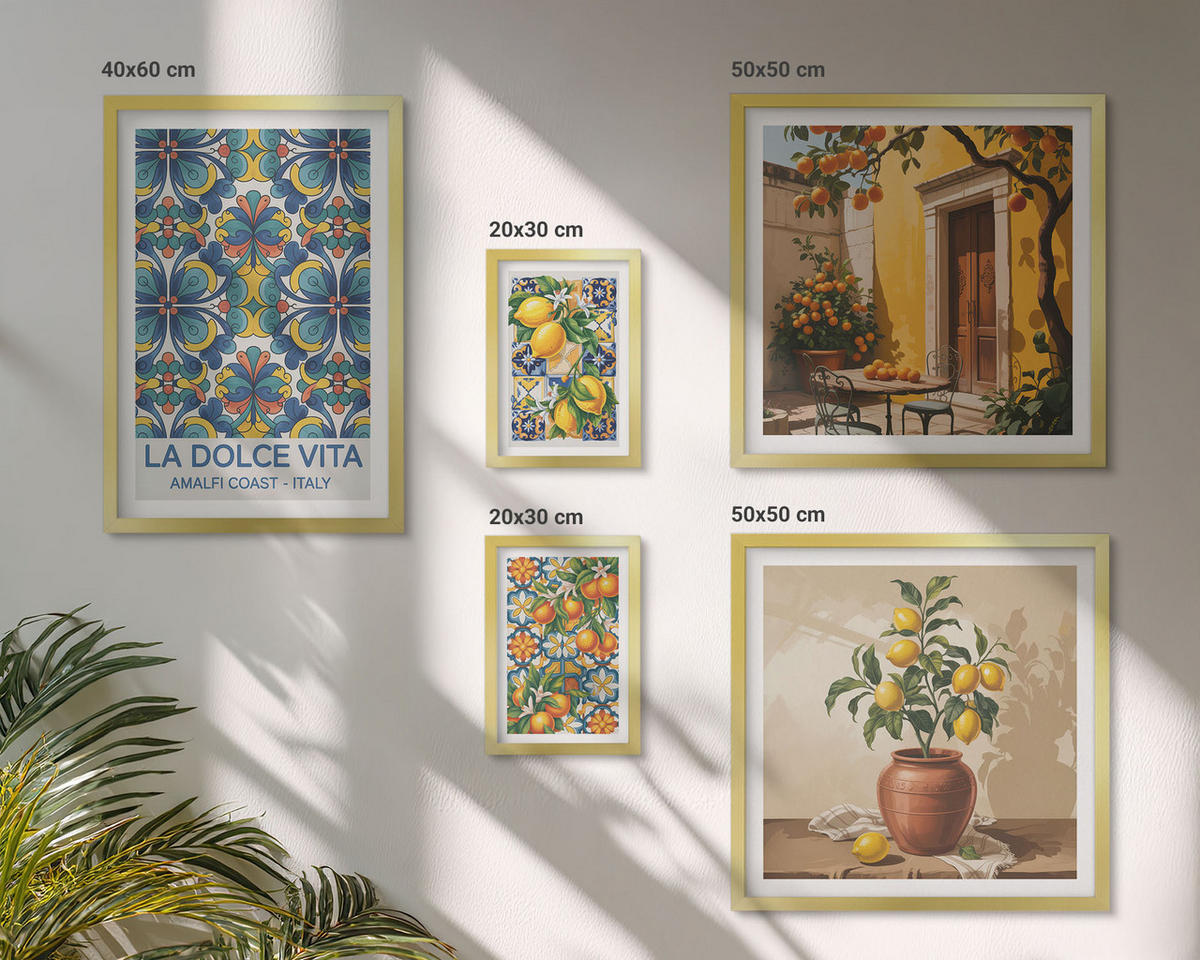 WANDBILDER 5er Set - 50x50 cm & 20x30 cm & 40x60 cm Goldrahmen - Zitronen, Blumen, Orangen, Italien - Goldfarben, Kunststoff (40/60cm) - ArtPrintCave