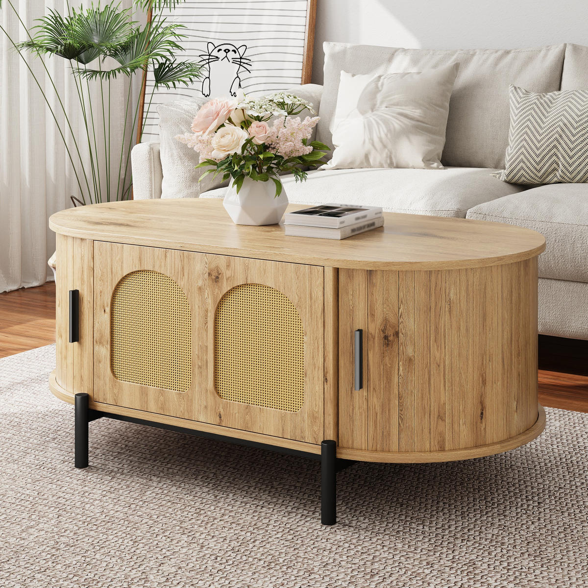 COUCHTISCH in Holzoptik Ovaler Wohnzimmertisch mit Schiebetüren und Stauraum, B100/T50H40(cm) - Schwarz/Naturfarben, Holzwerkstoff/Metall (50/100/40cm) - STILVORA