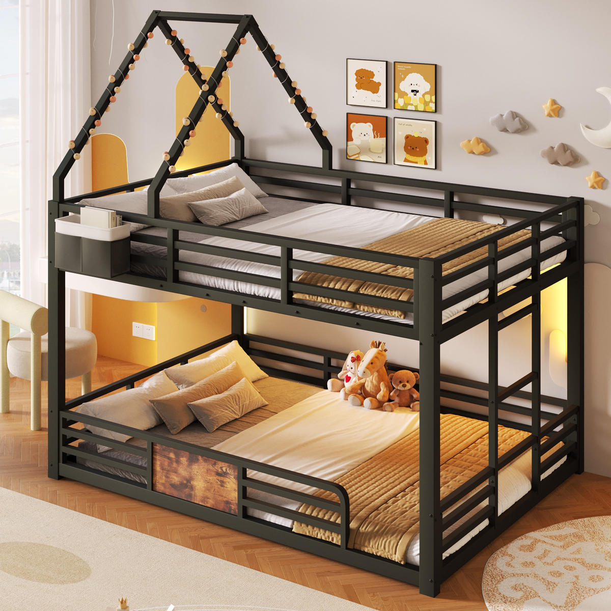 ETAGENBETT 140x200 cm mit LED-Beleuchtung, Hausbett-Design- Schwarz - Schwarz, Metall (140/200cm) - KOMHTOM