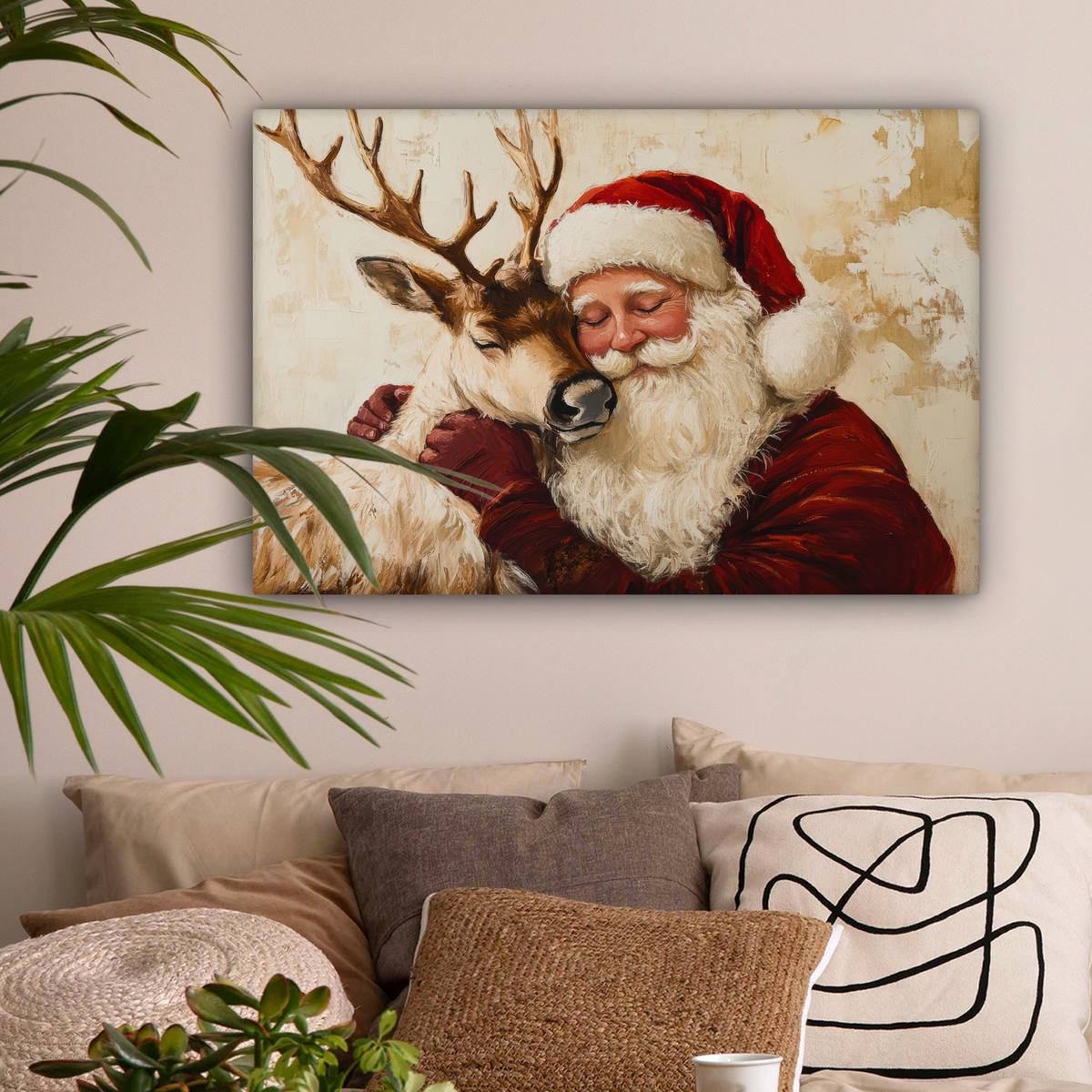 LEINWANDBILD Weihnachtsmann - Rentier - Weihnachten Wanddeko 90x60 cm - Rotbraun, Textil (90/60cm) - MuchoWow