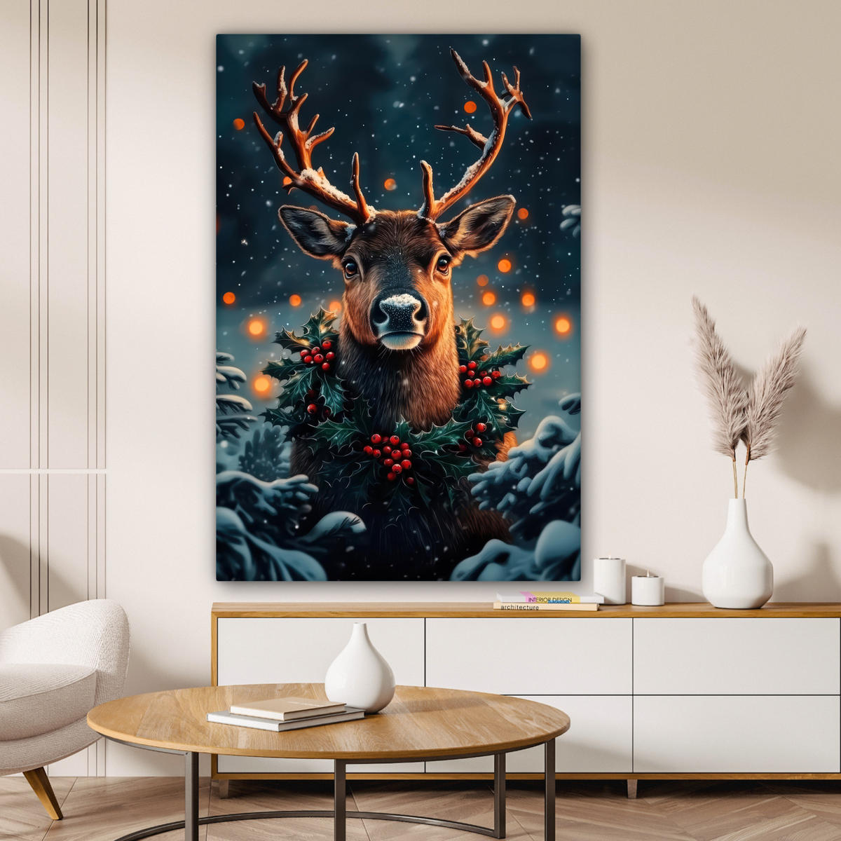 LEINWANDBILD Hirsch - Weihnachten - Winter - Schnee - Weihnachtskranz 90x140 cm - Dunkelbraun, Textil (90/140cm) - MuchoWow