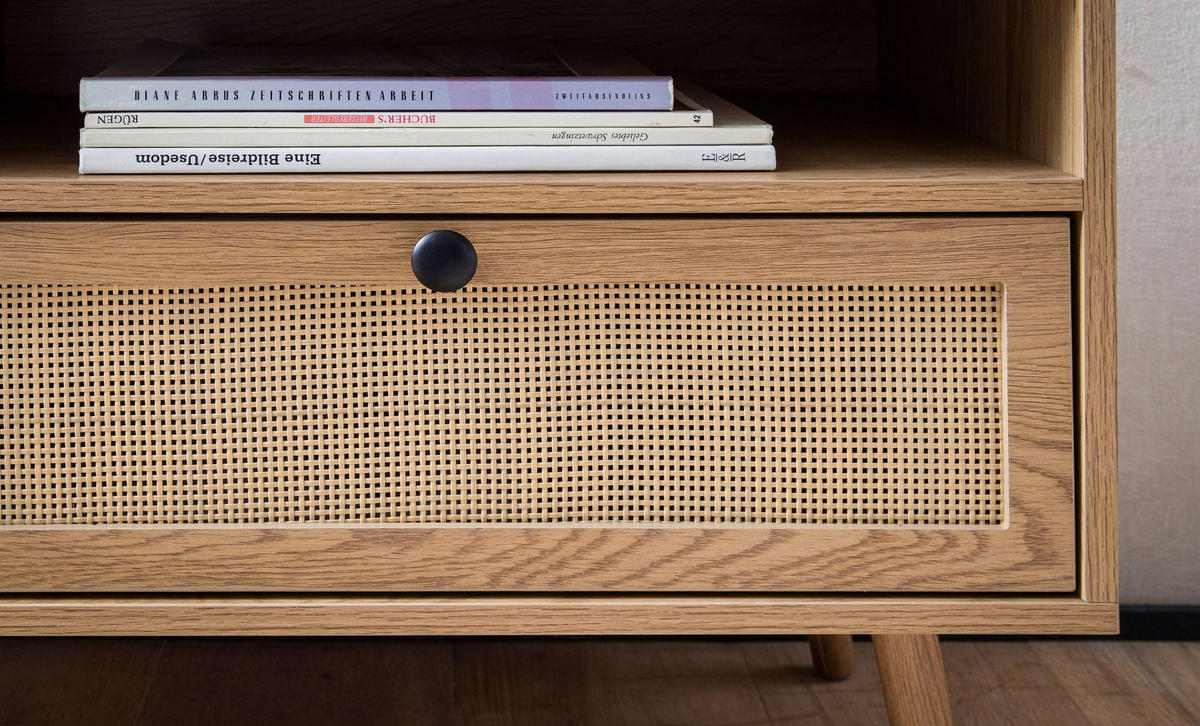 LOWBOARD Eiche-Dekor Rattan Modern Stil 120x56x39 cm mit Schubladen - Eichefarben/Braun, Holz (120/56/39cm) - KADIMA DESIGN