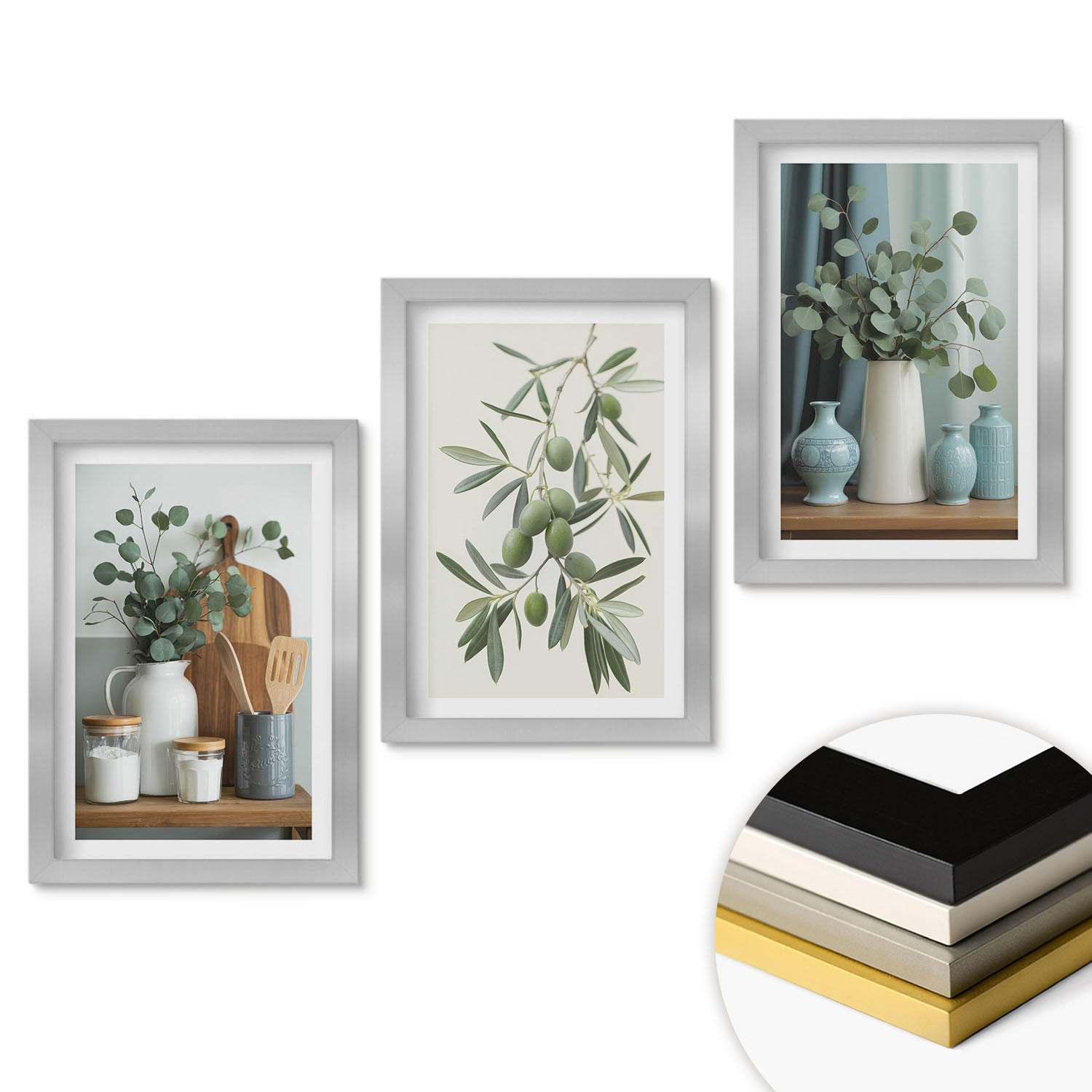 WANDBILDER 3er Set - 20x30 cm Silberner Rahmen - Grüne Oliven, Eukalyptus - Silberfarben, Kunststoff (20/30cm) - ArtPrintCave