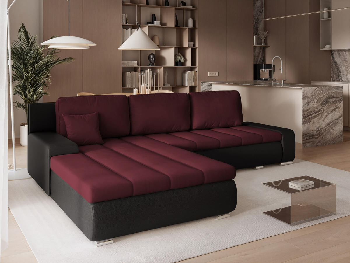ECKSOFA VELANO mit Schlaffunktion und Bettkasten Schwarz/Rot - Rot, Holzwerkstoff/Kunststoff (250/90cm) - Idohome
