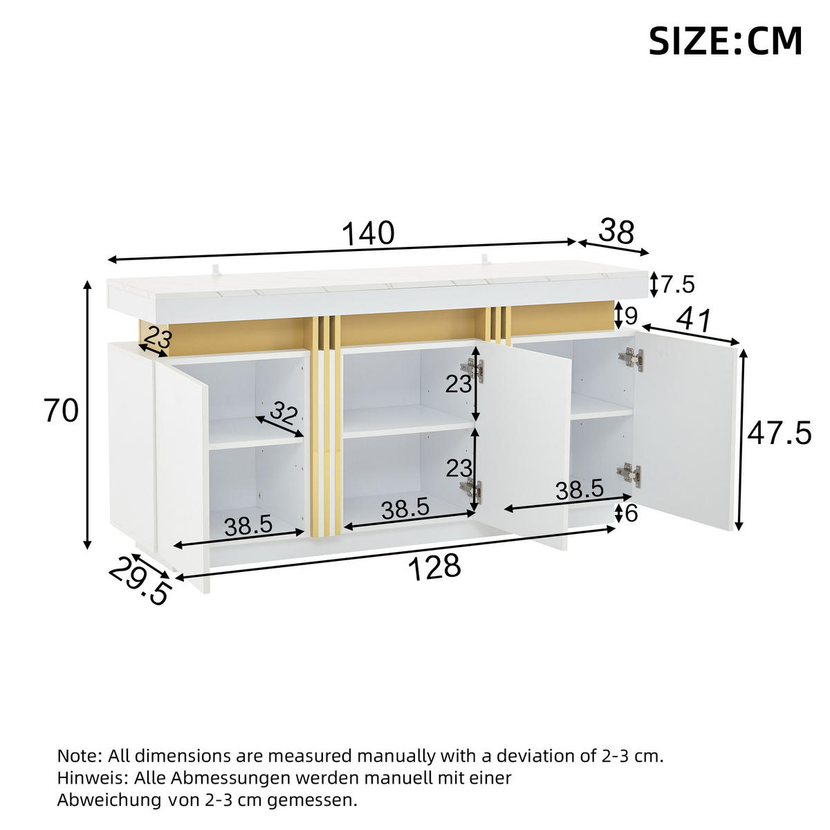 SIDEBOARD, 3 Türen, Verstellbar, Grifflose Fächer, Weiß, 140x38x70cm - Weiß, Holzwerkstoff (38/70/140cm) - FLIEKS