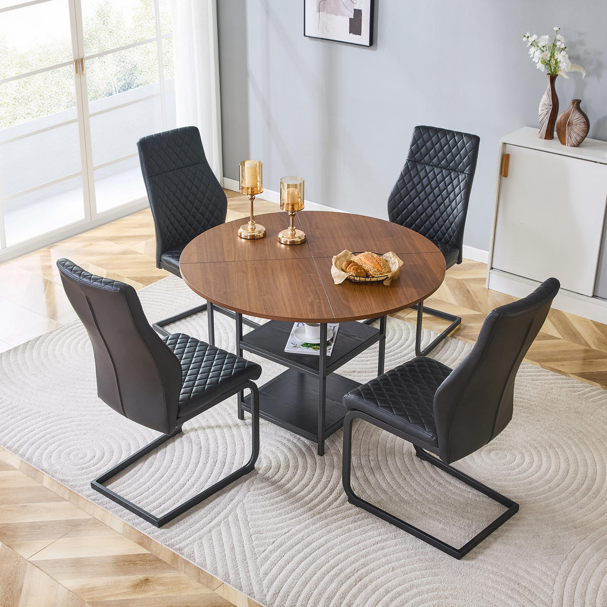 ESSGRUPPE DE-39436 5-teilig, mit doppelter Ablage und 4 Stühlen Schwarz - Schwarz, Holzwerkstoff (107/75/107cm) - ComfortXL