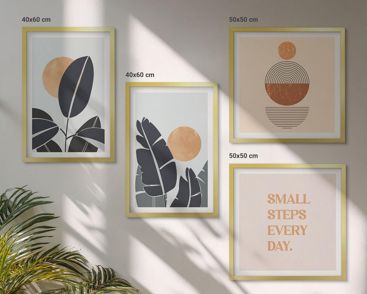 BILDER SET 4er Set - 50x50 cm & 40x60 cm Goldrahmen - Pflanzenmuster große minimalistische Sonnen - Goldfarben, Kunststoff (50/50cm) - TULUP