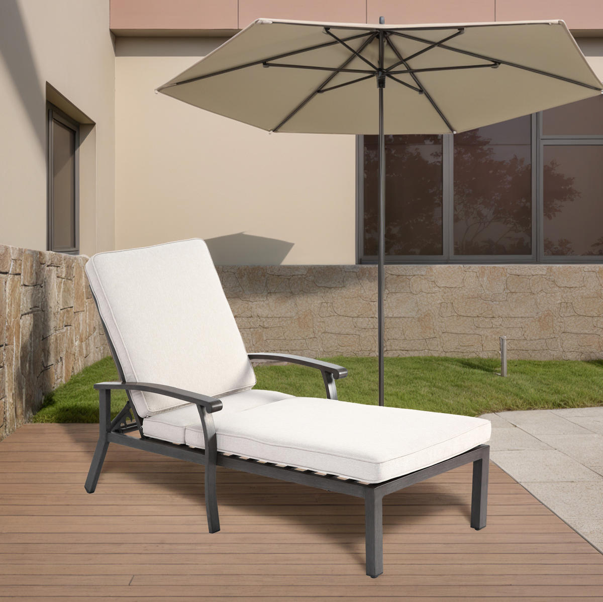 GARTENLIEGE Aluminium mit 5-fach verstellbarer Rückenlehne, Kissen 204/58/100 cm Beige - Beige, Metall (68/100/204cm) - Redom