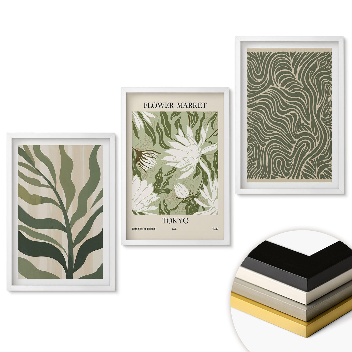 WANDBILDER 3er-Set - 40x60 cm Weißer Rahmen - Pflanzenmuster, Boho-Dekorationen - Weiß, Kunststoff (40/60cm) - ArtPrintCave