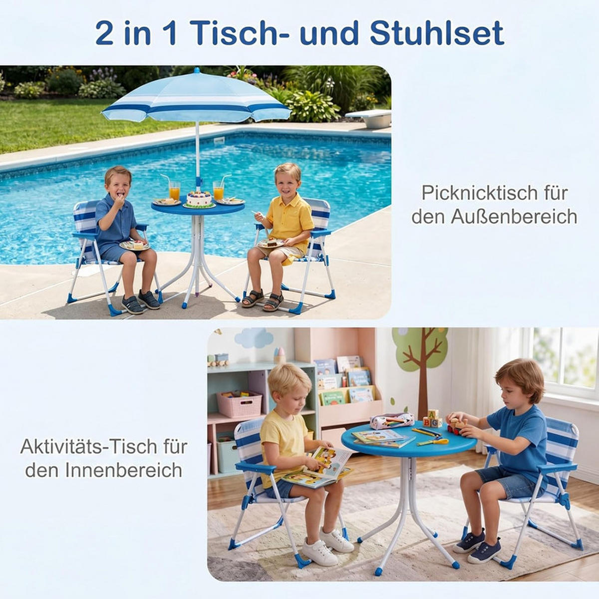 KINDER-SITZGRUPPE mit Sonnenschirm blau(4-tlg) - Blau, Metall - COSTWAY