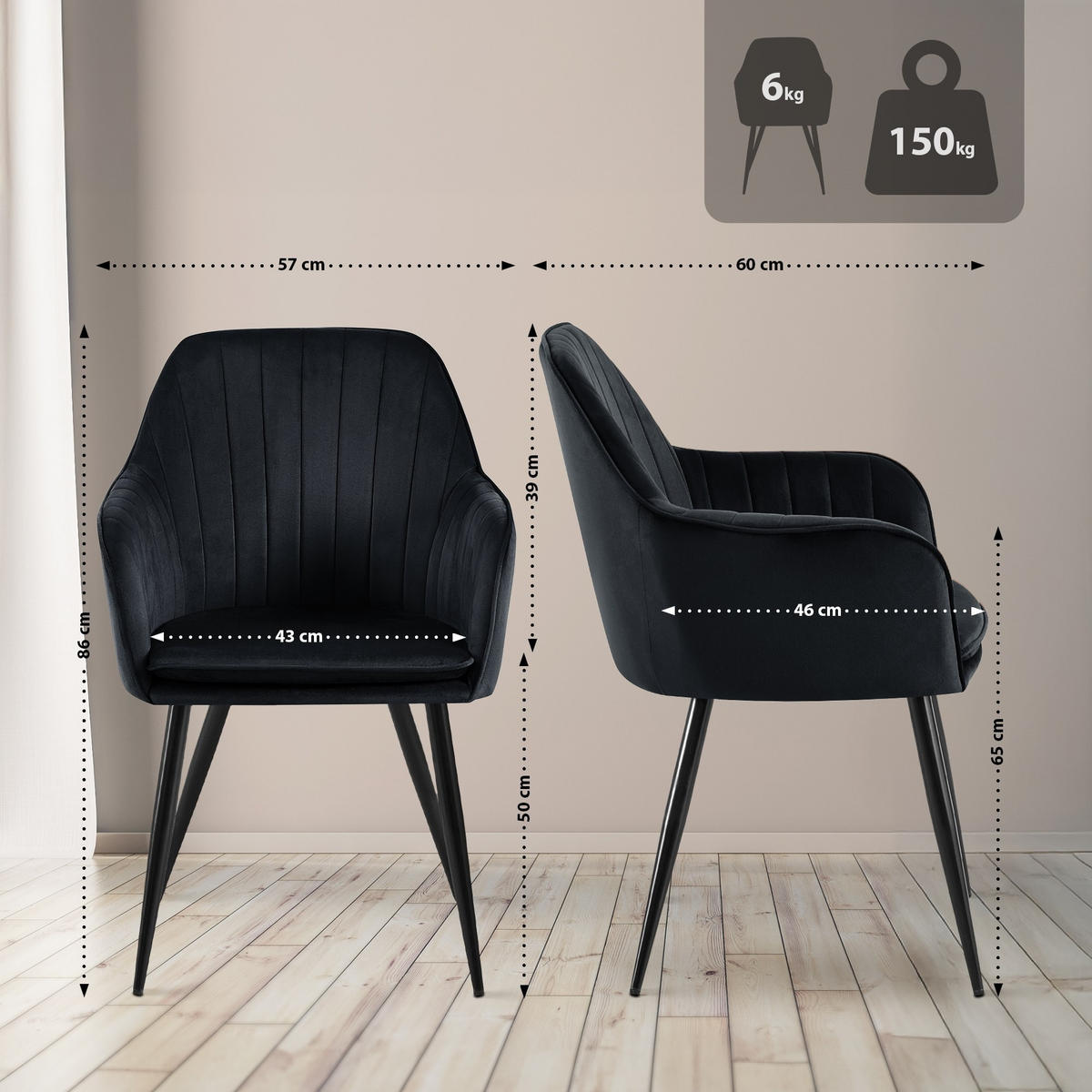 ESSZIMMERSTUHL Cheryl 86x60x57 cm schwarz - Schwarz, Textil (60/57/86cm) - furnicato