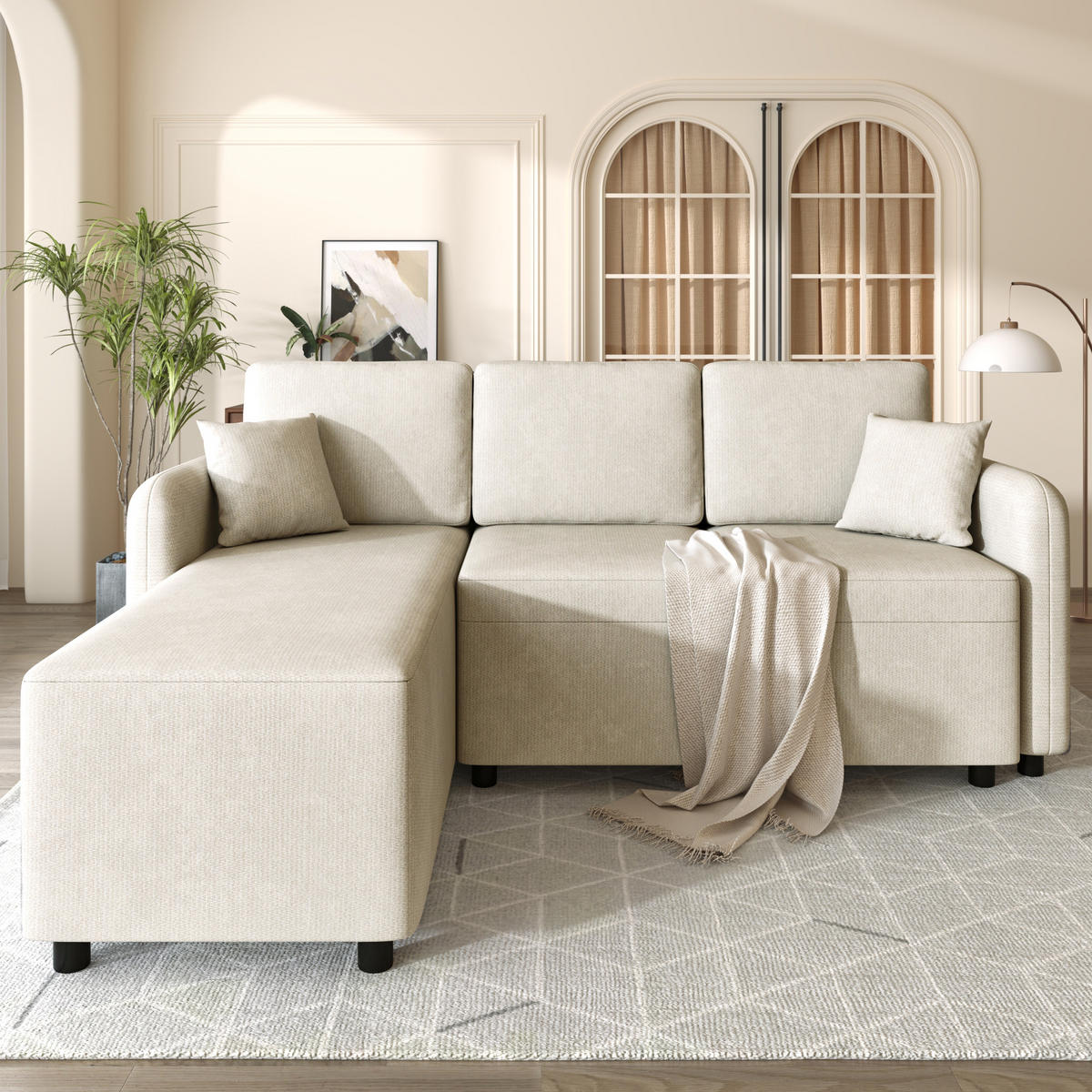ECKSOFA 187.5/144/85.5 cm Hellbeige Chenille mit 2 Kissen - Beige, Holz/Textil (187.5/144cm) - Oxeza