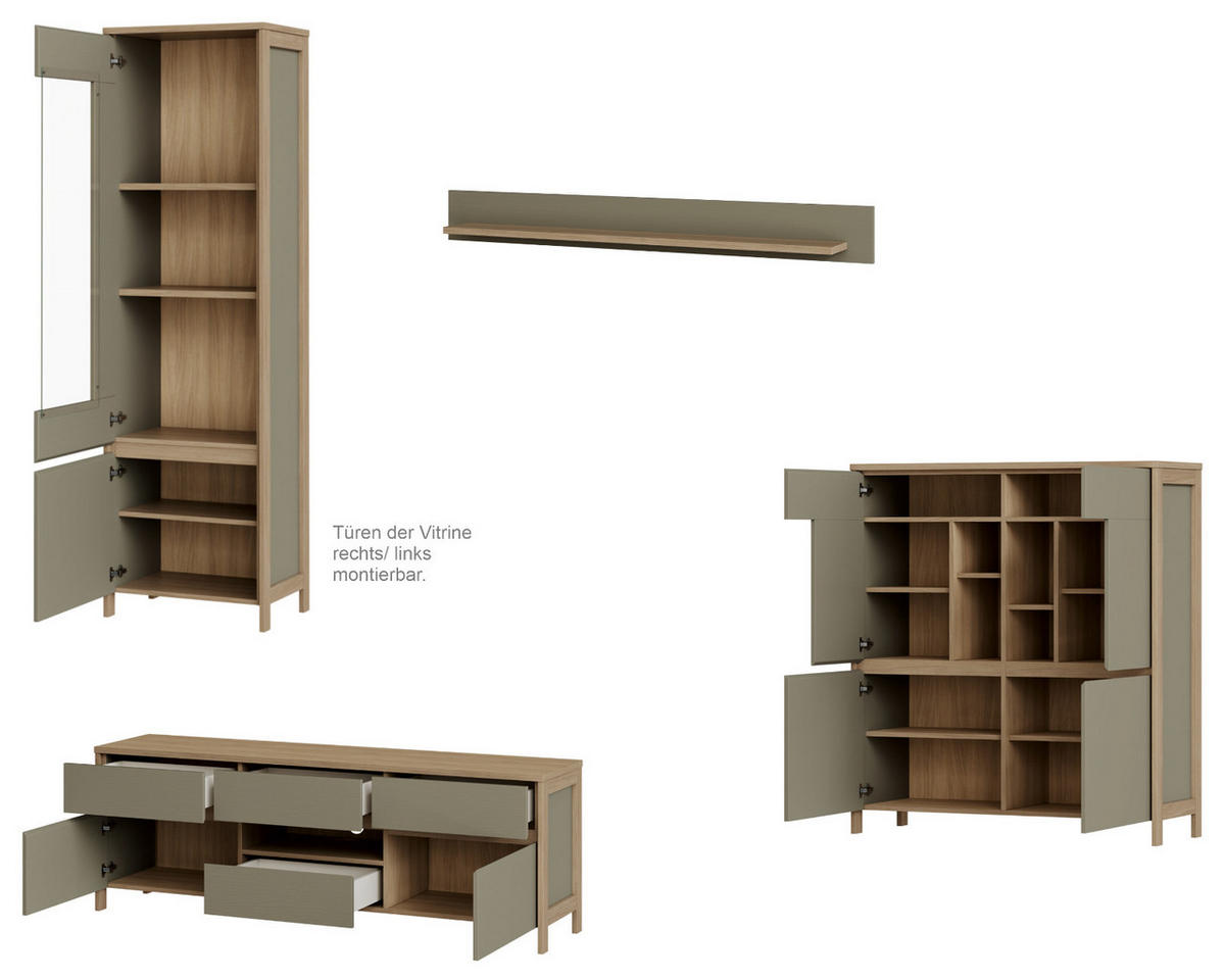 WOHNWAND Salbei grün, Eiche, Wohnkombination skandinavisch 4-teilig 360 cm, Soft-Close - Salbeigrün/Eichefarben, Holzwerkstoff/Metall (363/195/39cm) - Furn.Design