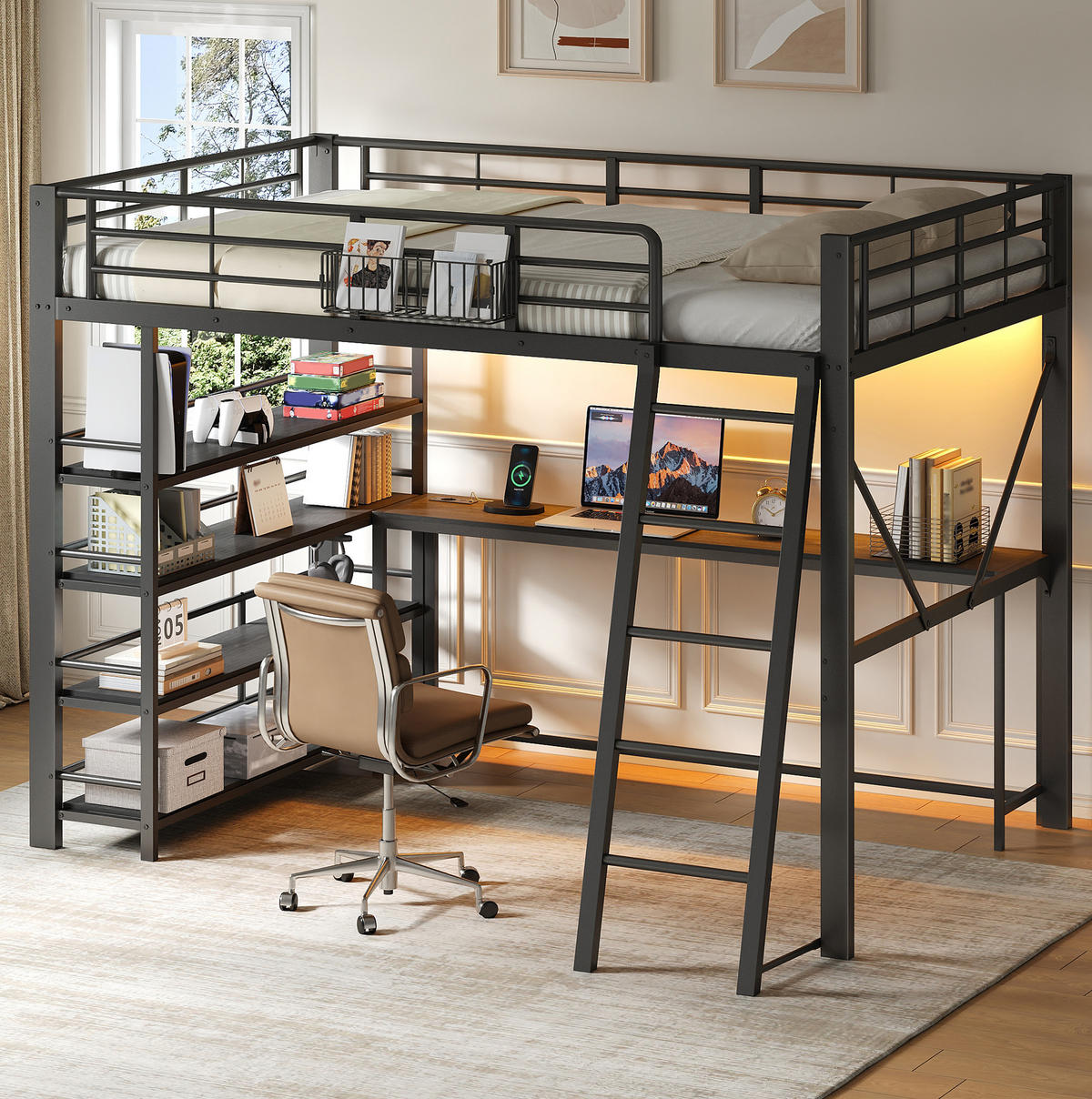 METALL-HOCHBETT aus Metall und MDF 140x200 cm Schwarz mit Schreibtisch, LED und USB-Ladestation - Schwarz, Holzwerkstoff (140/200cm) - Modfu