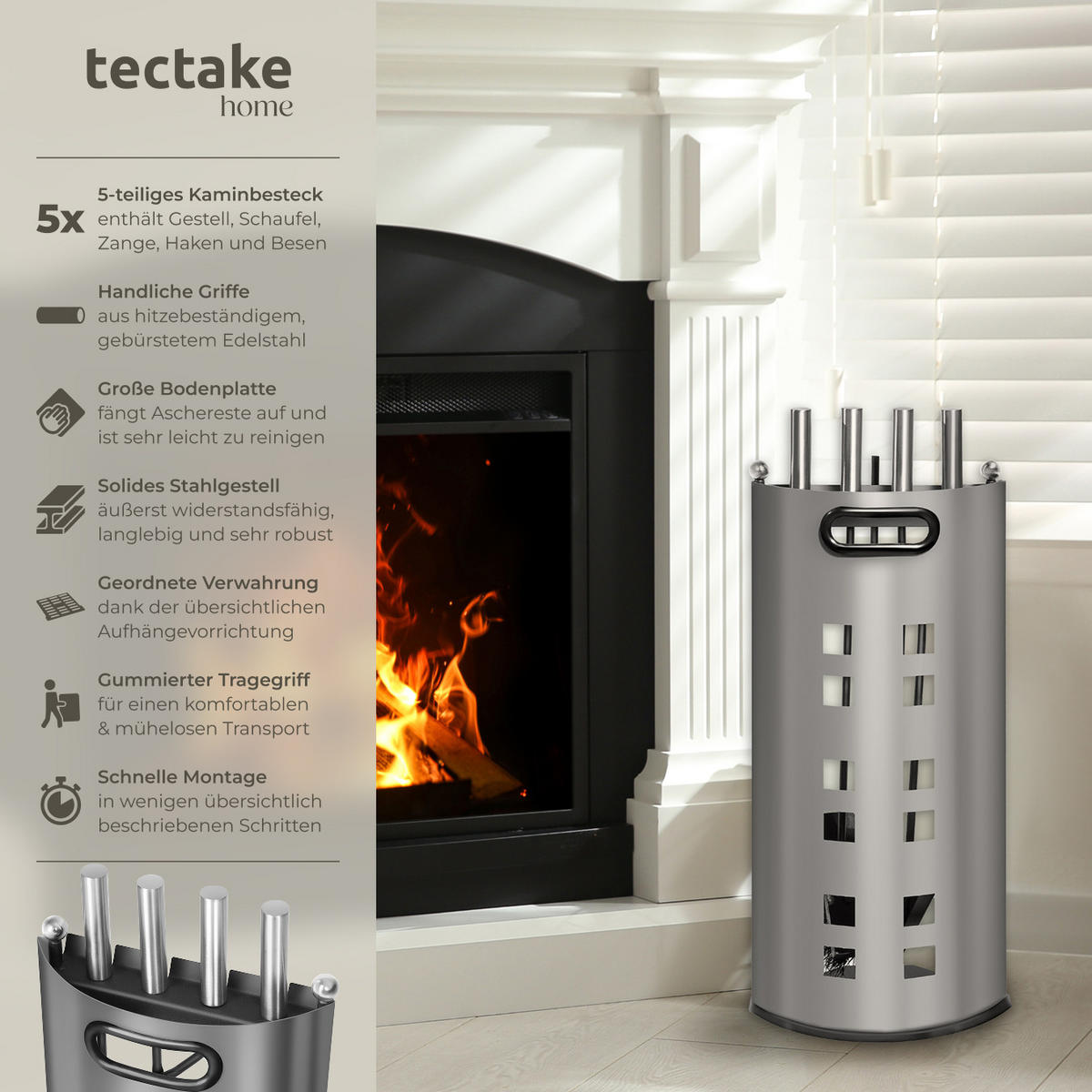 KAMINBESTECK ,23 x 14,5 x 58 cm,grau - Grau, Metall (14.5/58/23cm) - tectake