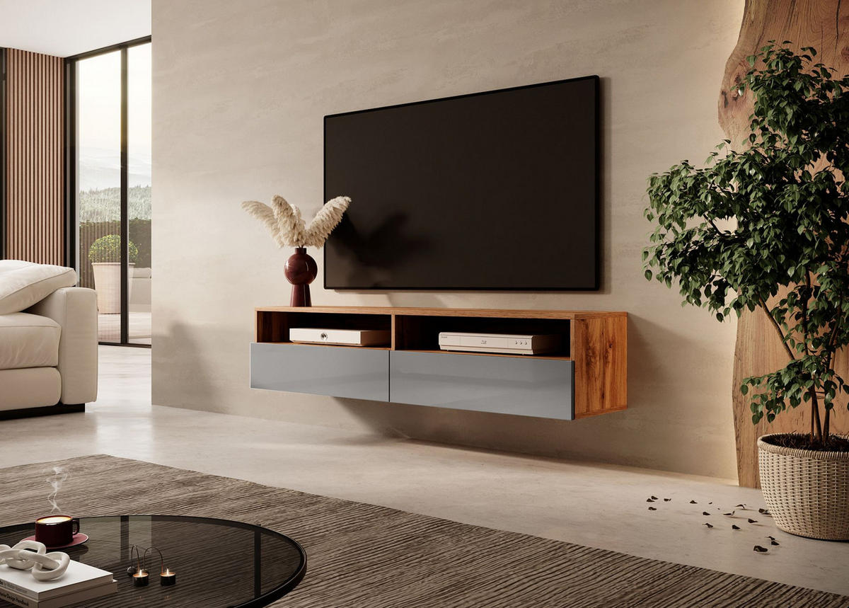 TV-LOWBOARD Rednaw mit LED Eiche/Grau Hochglanz 140 cm - Eichefarben/Grau, Holzwerkstoff (140/30/31cm) - Selsey