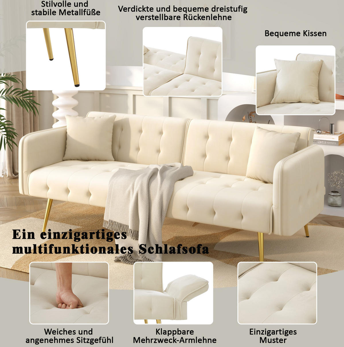 2-SITZER Sofabett Samt mit verstellbarer Rückenlehne und Armlehnen Beige 178/82/70 cm - Beige, Textil (82/70/178cm) - Redom