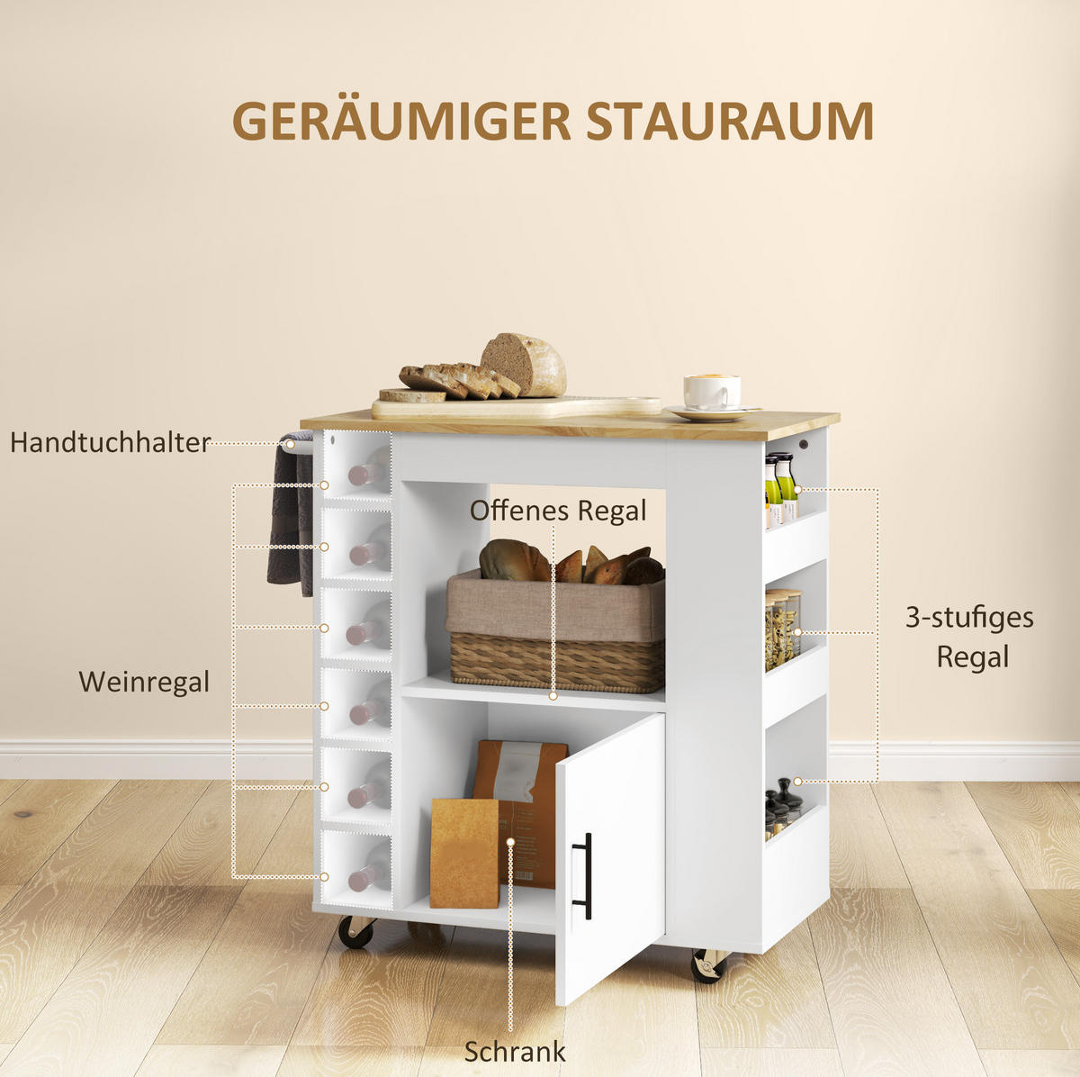 KÜCHENWAGEN 83/40/83 cm in Eiche mit Weinregalen und Rollen - Weiß, Holzwerkstoff (83/83/40cm) - Flora Grace