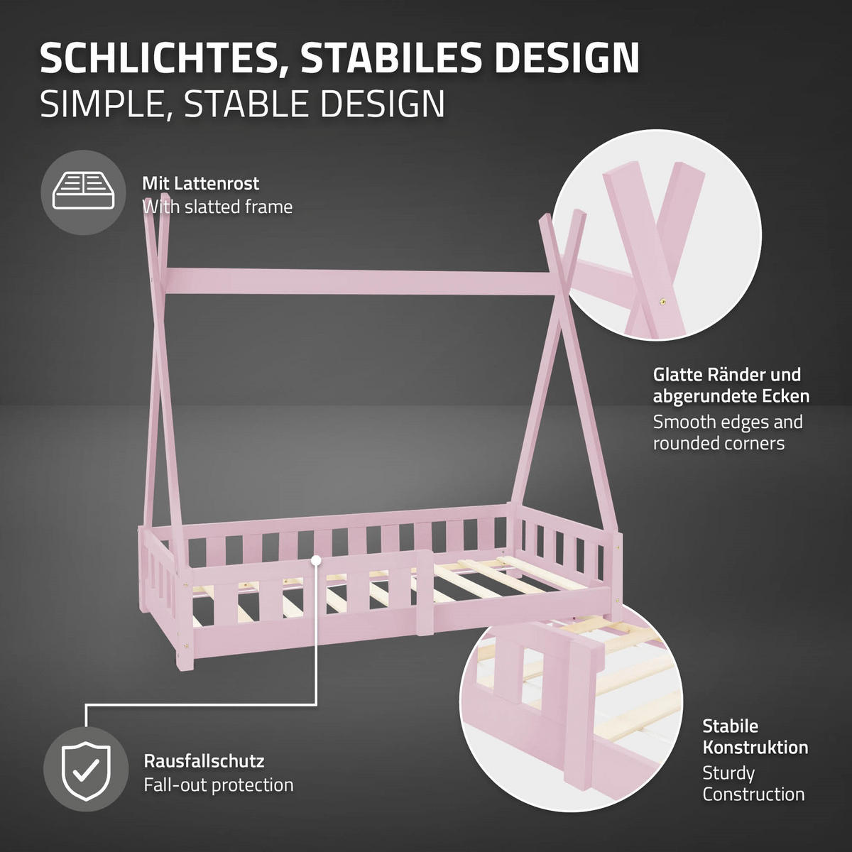 KINDERBETT Tipi mit Matratze 70x140 cm Rosa - Pink, Holz (70/140cm) - ML-DESIGN