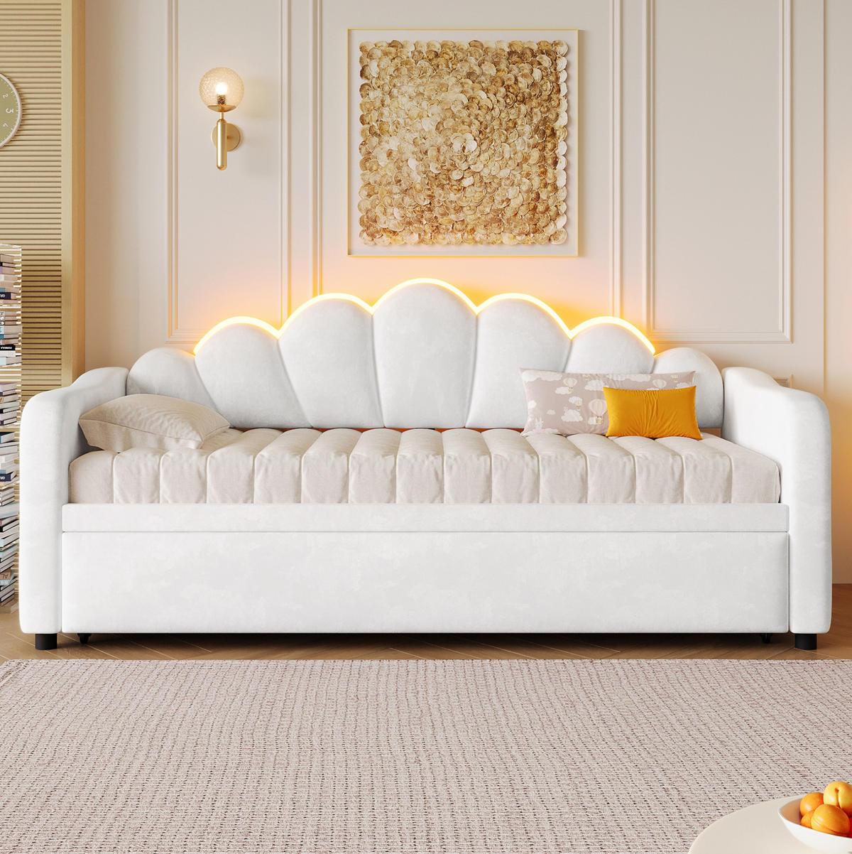 TAGESBETT 90/200 cm mit Ausziehbett, LED-Beleuchtung und Samtbezug, Weiß - Weiß, Textil (90/200cm) - Redom