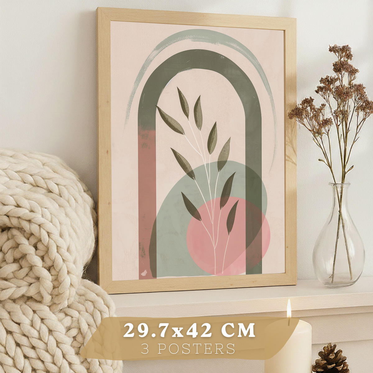 PLAKAT Sada 3 dekorativních nástěnných tisků, pastelově zelené a růžové rostliny, pro moderní dekoraci obývacího, velikost Světlý dřevěný rám A3 - béžová, papír (29.7/42/3cm) - Nacnic
