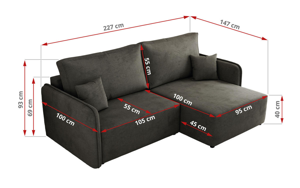 ECKSCHLAFSOFA MESTO L Dunkelgrau Velvet - rechts - Dunkelgrau/Schwarz, Kunststoff/Textil (147/227cm) - MKS