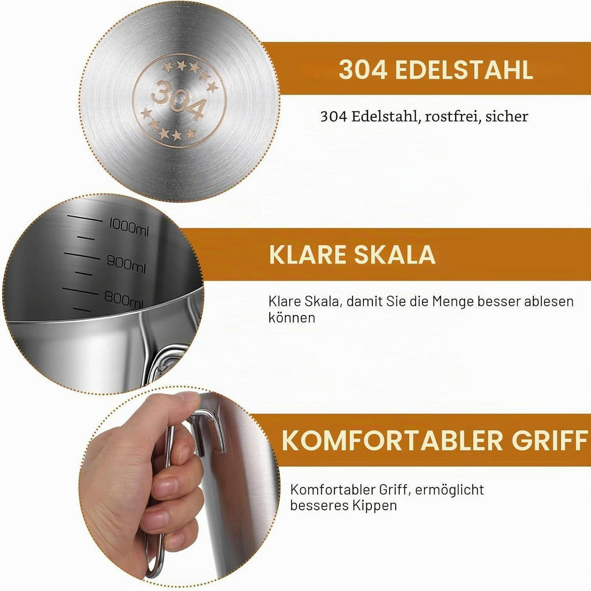 MESSBECHER Edelstahl 1 Liter mit Messskalen und Ausgießer - Silberfarben, Metall (1L)
