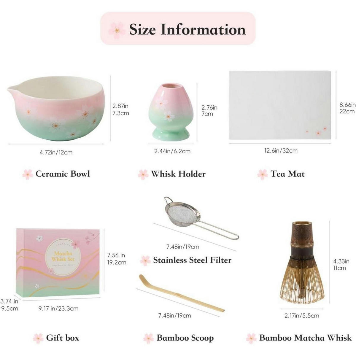 MATCHA Set 6-teiliges Set Keramikschale Bambusbesen Sieb Löffel Geschenk Sakura - Multicolor, Keramik (15/10/15cm)