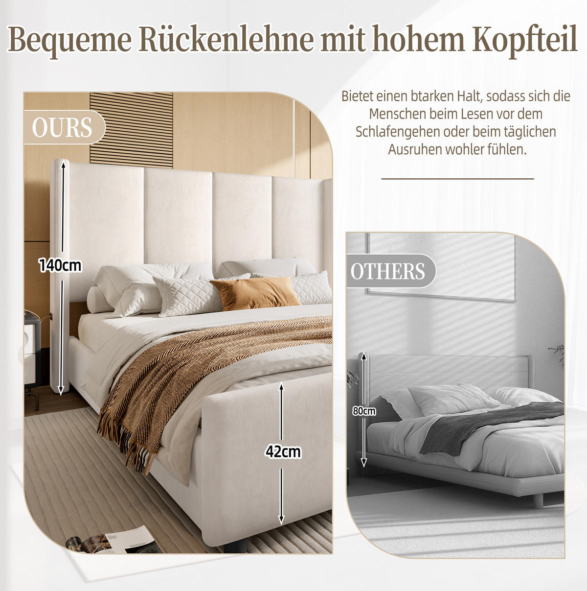 POLSTERBETT 140/200 cm aus Samt mit USB-Anschlüssen und hohem Kopfteil Beige - Beige, Textil (140/200cm) - Modenvie