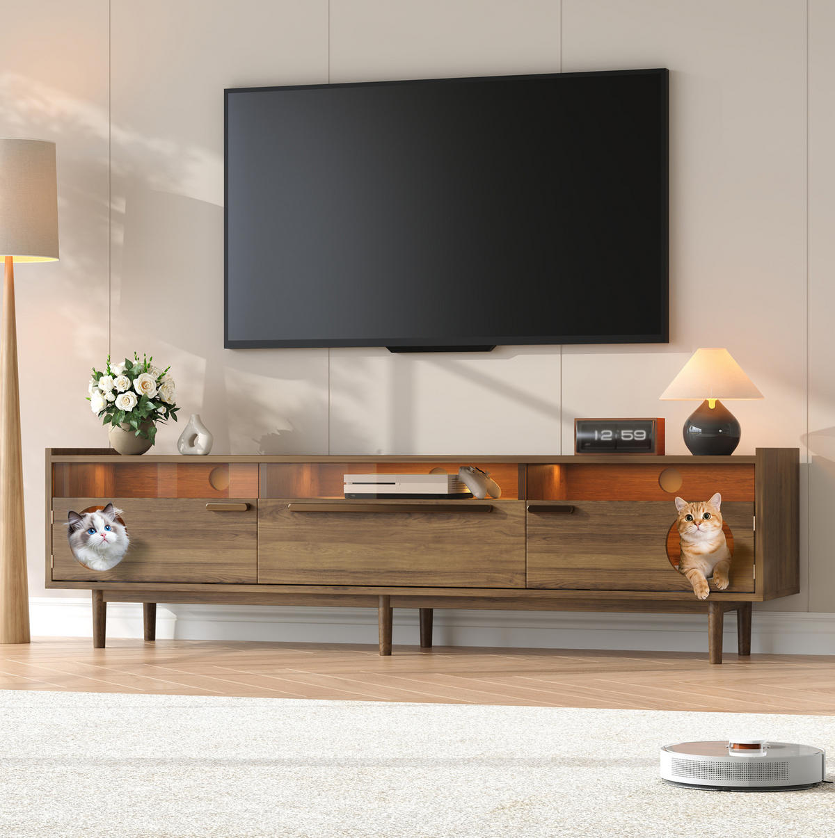 NÍZKÁ komoda z MDF, 180/40/50 cm, ořechová barva, s LED osvětlením a prostorem pro kočku - barva vlašského ořechu, kompozitní dřevo (180/50/40cm) - BEAOK