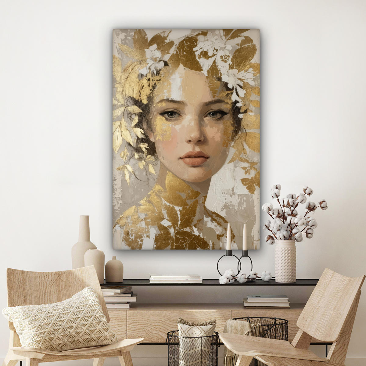 LEINWANDBILD Gesicht - Frau - Blätter - Gold Deko XXL 80x120 cm - Beige, Textil (80/120cm) - MuchoWow