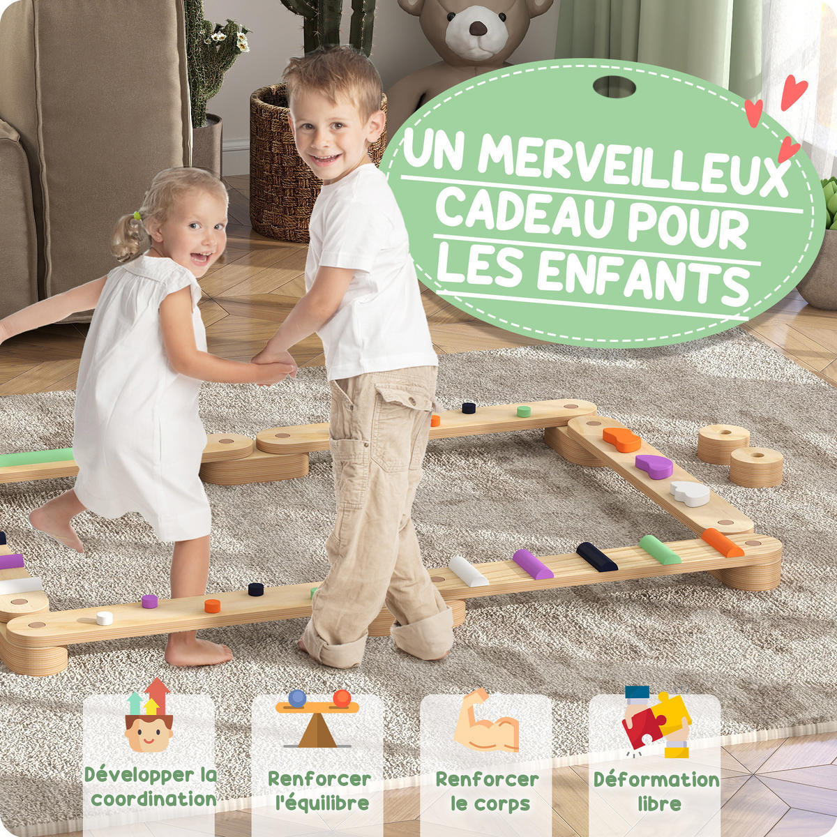 GLEICHGEWICHTSBALKEN DE-18648 modulare Steine, 3–8 Jahre Natur - Multicolor, Holzwerkstoff (115/130cm) - ComfortXL