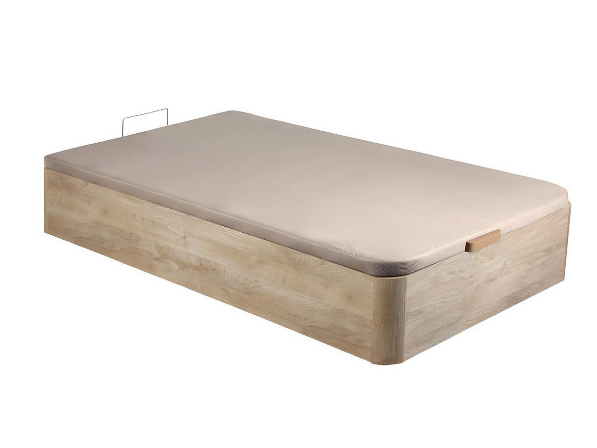 MATRATZE und Bettgestell mit Lattenrost und Bettkasten - 1 Person - Stoff, Holz, Platte - Naturfarben Hell, Weiß - - Naturfarben/Weiß, Holz/Holzwerkstoff (90/190cm) - Vente-Unique