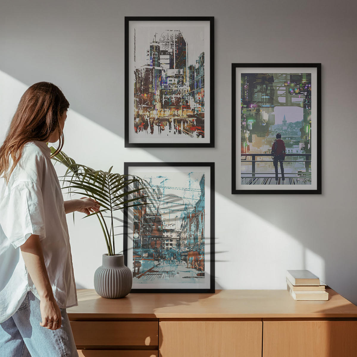 WANDBILDER 3er-Set - 40x60 cm Schwarzer Rahmen - Moderne Städte, bunte Charaktere - Schwarz, Kunststoff (40/60cm) - ArtPrintCave