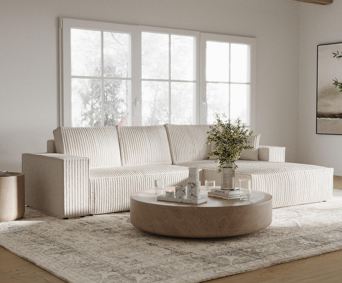 ECKSOFA Maze Creme Plüschstoff - Rechts Seite - Creme/Schwarz, Holz/Holzwerkstoff (294/185cm) - Maison de Reve