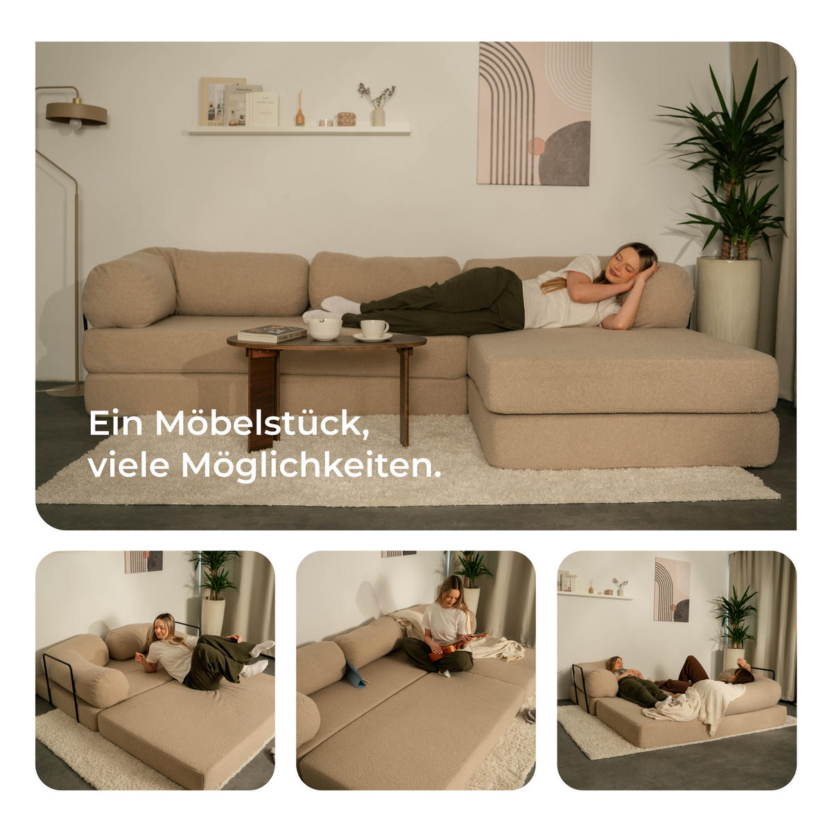 ECKSOFA KELI modulares Boneless Sofa mit Schlaffunktion Hellgrau Boucle-Stoff - Hellgrau, Textil (270/160cm) - MASSENO