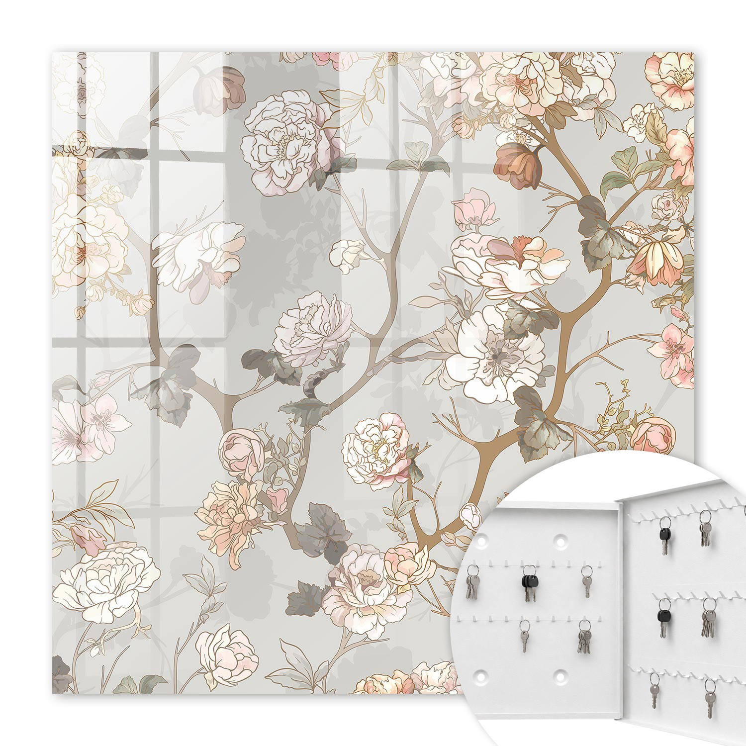 SCHLÜSSELBOX Weiß 30x30 cm – Türöffnung nach rechts - Blütenzweige - Beige, Metall (30/30/5cm) - TULUP
