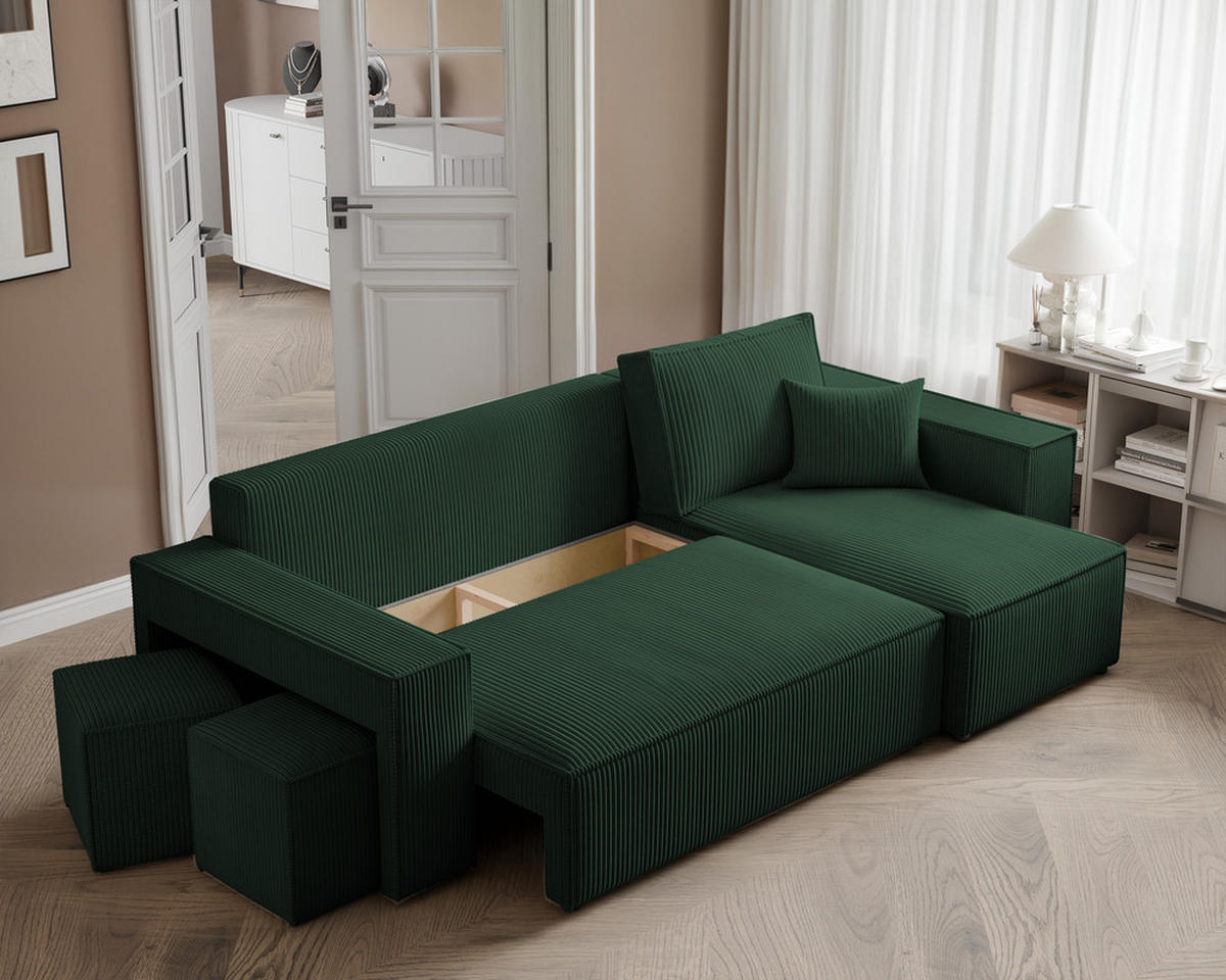 ECKSOFA PARIS mit Schlaffunktion und Bettkasten Grün - Grün, Holzwerkstoff/Kunststoff (262/145cm) - Idohome