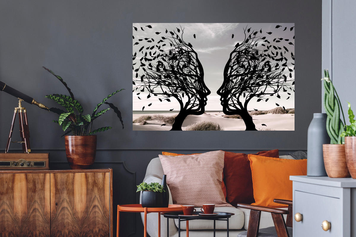 WANDTATTOO Strand - Meer - Menschen - Baum - Moderne Kunst 120x80 cm - Hellgrau, Kunststoff (120/80/0.1cm) - MuchoWow