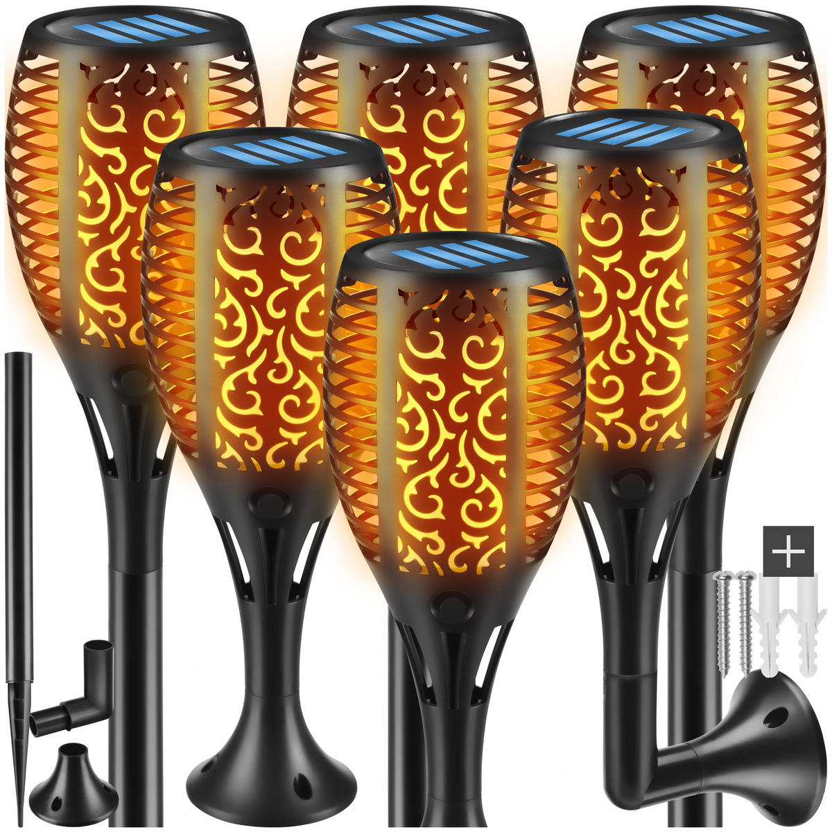 SOLARLEUCHTEN 6er Set Flare,6 - 8 Stunden Betriebszeit,schwarz - Schwarz, Kunststoff (10/10/58cm) - tectake